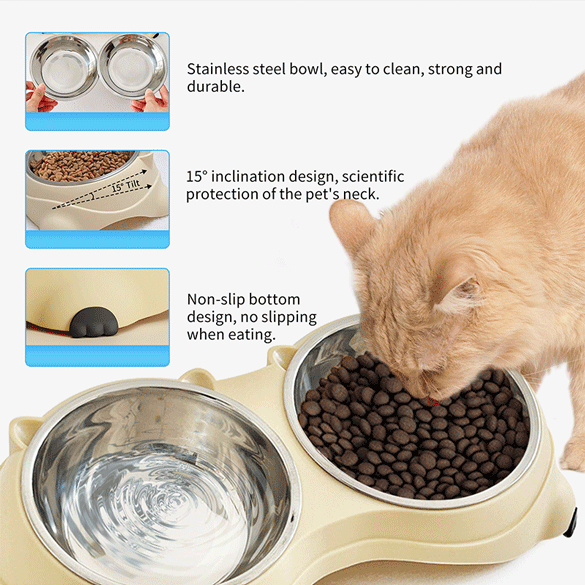 Bear‑Shaped Stainless Steel Double Pet Bowl, Non‑Slip Dog Cat Feeding Water Bowl