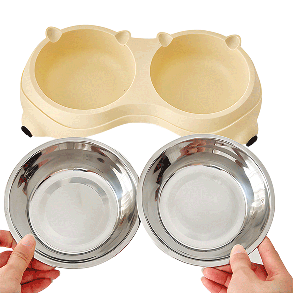 Bear‑Shaped Stainless Steel Double Pet Bowl, Non‑Slip Dog Cat Feeding Water Bowl