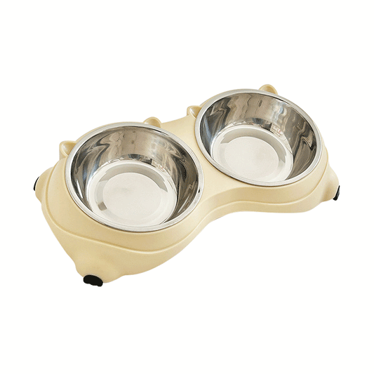 Bear‑Shaped Stainless Steel Double Pet Bowl, Non‑Slip Dog Cat Feeding Water Bowl