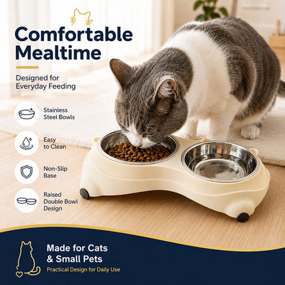 Bear‑Shaped Stainless Steel Double Pet Bowl, Non‑Slip Dog Cat Feeding Water Bowl
